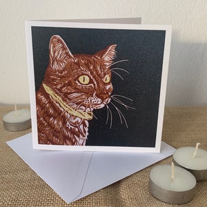 Cat Card | Cat Lino Print Card | Tabby Cat Wenskaart | Enkele Cat-kaart