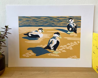 Eider Ducks on a beach, Bird Reduction Lino Print | Lino Cut. Hand printed, limited edition, original print..