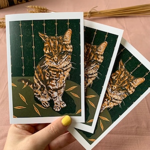 Cartes Léo le chat | Lot de 3 cartes à imprimé lino chat | Carte de voeux de chat tigré.