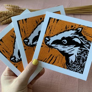 Cartões Badger | Pacote com 3 cartões Badger Lino Print | Cartão de felicitações Badger.