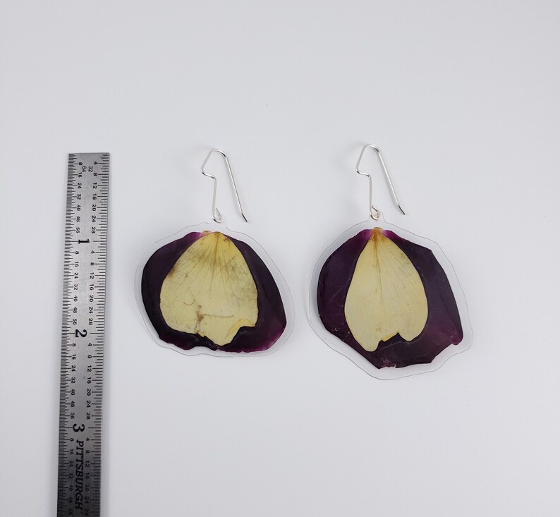 Petal Dangle Earrings Rose Petal Earrings Purple and Yellow Earrings Floral Jewelry Flower Earrings