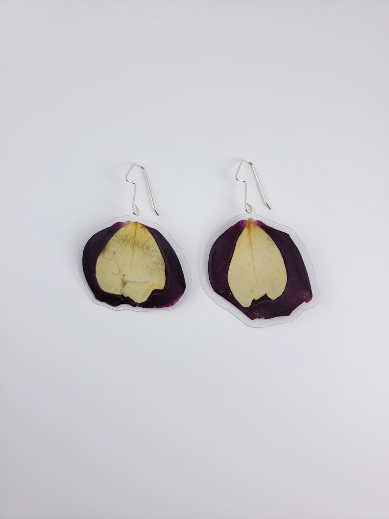 Petal Dangle Earrings Rose Petal Earrings Purple and Yellow Earrings Floral Jewelry Flower Earrings