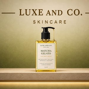 Pode incluir: Um frasco quadrado transparente de s&eacute;rum corporal Luxe and Co. Matcha Gelato com um dispensador de bomba preto. O r&oacute;tulo apresenta o texto Luxe and Co. Skincare, Matcha Gelato, Luxe Body Serum e 3.4 oz. Um l&iacute;quido dourado &eacute; vis&iacute;vel dentro.