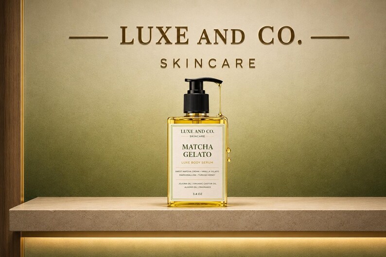 Pode incluir: Um frasco quadrado transparente de s&eacute;rum corporal Luxe and Co. Matcha Gelato com um dispensador de bomba preto. O r&oacute;tulo apresenta o texto Luxe and Co. Skincare, Matcha Gelato, Luxe Body Serum e 3.4 oz. Um l&iacute;quido dourado &eacute; vis&iacute;vel dentro.