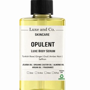 May include: A clear, rectangular bottle of "OPULENT LUXE BODY SERUM" with a black pump dispenser. The label includes the brand name "Luxe and Co." and lists ingredients like Turkish Rose and Jojoba Oil. Sizes available: 2oz, 3.4oz, 4oz, and 6.7oz.