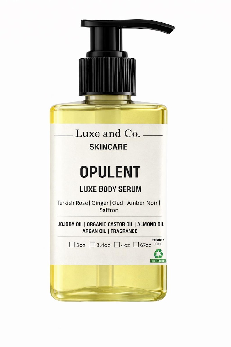 May include: A clear, rectangular bottle of "OPULENT LUXE BODY SERUM" with a black pump dispenser. The label includes the brand name "Luxe and Co." and lists ingredients like Turkish Rose and Jojoba Oil. Sizes available: 2oz, 3.4oz, 4oz, and 6.7oz.