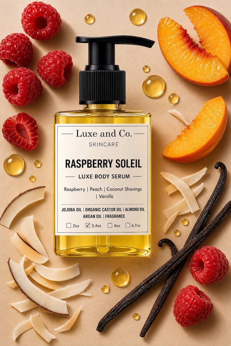 Op de afbeelding: Een vierkante fles Luxe and Co. Raspberry Soleil Luxe Body Serum met een zwarte pompdosering. Het etiket vermeldt ingredi&euml;nten zoals framboos, perzik en vanille. De afbeelding bevat frambozen, perzikschijfjes, kokosschaafsel en vanillestokjes.