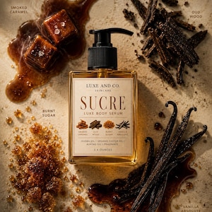 May include: A rectangular glass bottle of Luxe and Co. Sucre Luxe Body Serum with a black pump dispenser. The label lists ingredients including jojoba oil, organic castor oil, and almond oil, with a net volume of 3.4 ounces, surrounded by smoked caramel, oud wood, burnt sugar, and vanilla absolute.