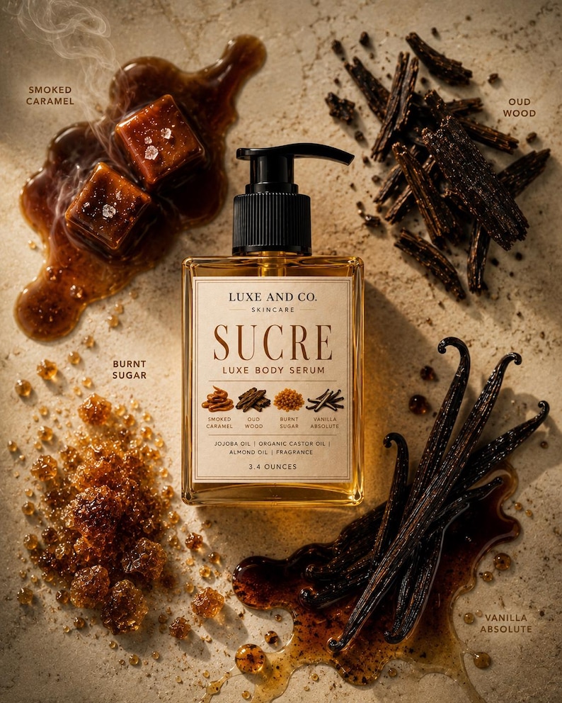 May include: A rectangular glass bottle of Luxe and Co. Sucre Luxe Body Serum with a black pump dispenser. The label lists ingredients including jojoba oil, organic castor oil, and almond oil, with a net volume of 3.4 ounces, surrounded by smoked caramel, oud wood, burnt sugar, and vanilla absolute.