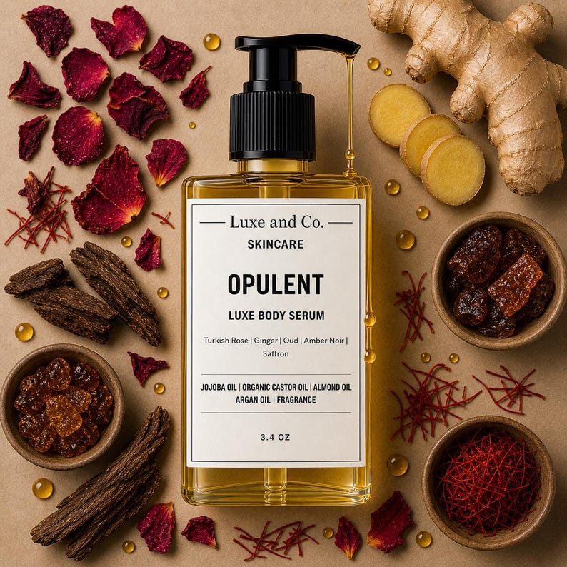 May include: A square glass bottle of Luxe and Co. Opulent Luxe Body Serum with a black pump dispenser. The label lists ingredients like Turkish Rose and Saffron. The image includes ginger, saffron, and rose petals, with a 3.4 oz volume.