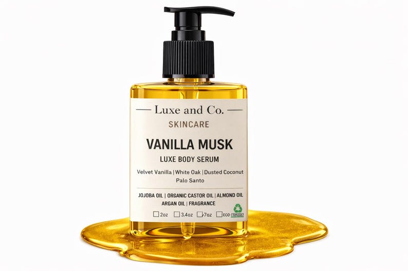 May include: A rectangular glass bottle of Luxe and Co. Vanilla Musk Luxe Body Serum with a black pump dispenser. The label includes the product name and ingredients. The bottle is surrounded by a golden liquid, with measurements of 2oz, 3.4oz, and 7oz.