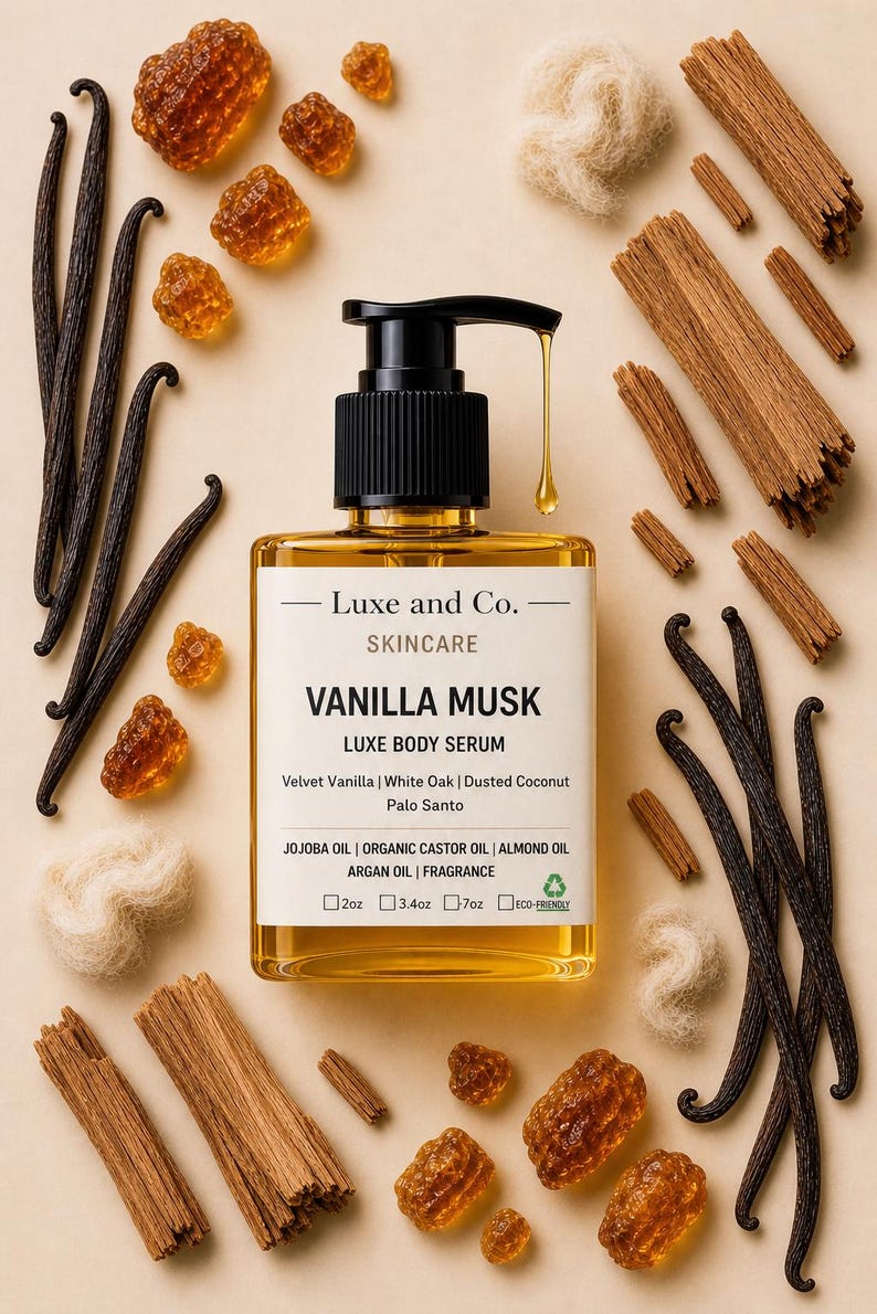 May include: A square glass bottle of Vanilla Musk Luxe Body Serum with a black pump dispenser. The bottle is surrounded by vanilla beans, wood pieces, amber-colored crystals, and white fibers. The label reads "Luxe and Co. SKINCARE VANILLA MUSK LUXE BODY SERUM".