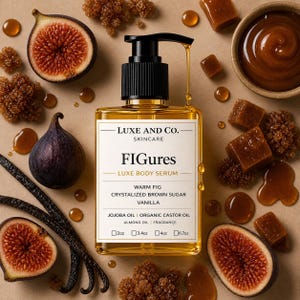 May include: A clear bottle of Luxe and Co. Figures Luxe Body Serum with a black pump, surrounded by figs, vanilla beans, and brown sugar. The label lists the scent as Warm Fig, Crystalized Brown Sugar, and Vanilla. Sizes are 2oz, 3.4oz, 4oz, and 6.7oz.