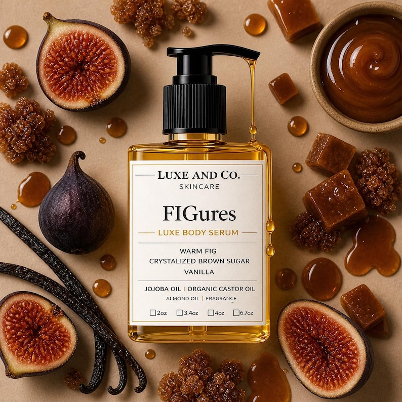 May include: A clear bottle of Luxe and Co. Figures Luxe Body Serum with a black pump, surrounded by figs, vanilla beans, and brown sugar. The label lists the scent as Warm Fig, Crystalized Brown Sugar, and Vanilla. Sizes are 2oz, 3.4oz, 4oz, and 6.7oz.