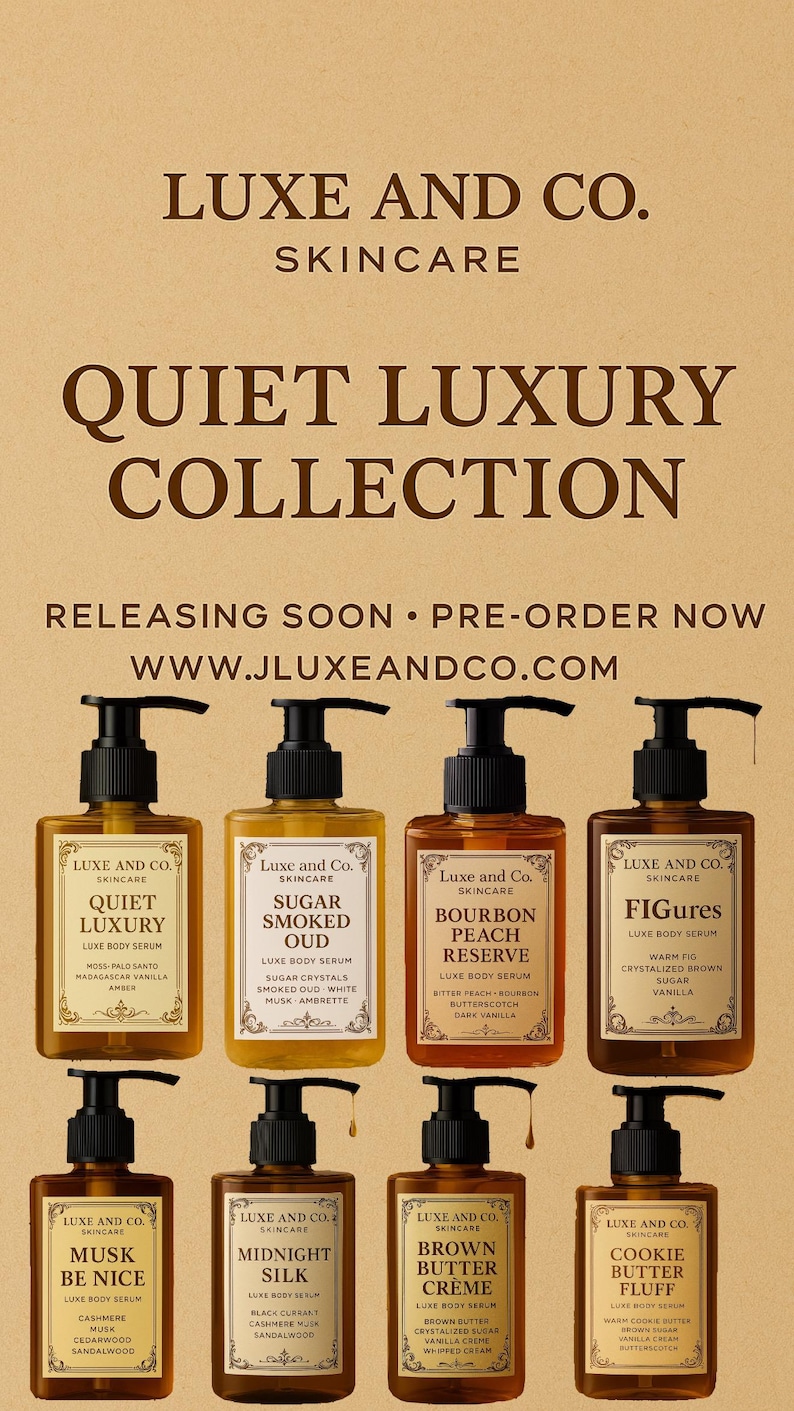 May include: An advertisement for Luxe and Co. skincare products. The image showcases eight body serum bottles with black pumps, each labeled with a unique scent name. The bottles are arranged on a light brown background, with the brand name and collection title prominently displayed.