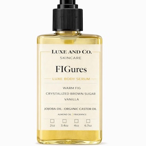 May include: A rectangular bottle of Luxe and Co. skincare product, with a black pump dispenser. The label reads "FIGures LUXE BODY SERUM" with ingredients listed: Warm Fig, Crystalized Brown Sugar, and Vanilla. Sizes available: 2oz, 3.4oz, 4oz, and 6.7oz.