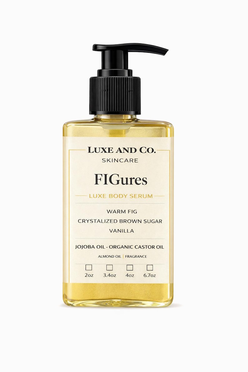 May include: A rectangular bottle of Luxe and Co. skincare product, with a black pump dispenser. The label reads "FIGures LUXE BODY SERUM" with ingredients listed: Warm Fig, Crystalized Brown Sugar, and Vanilla. Sizes available: 2oz, 3.4oz, 4oz, and 6.7oz.