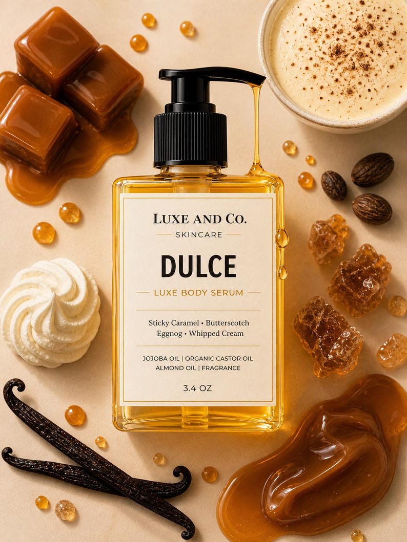 Pu&ograve; includere: Un flacone rettangolare trasparente di siero corpo Luxe and Co. Skincare Dulce con erogatore a pompa nero. L'etichetta riporta: Luxe and Co. Skincare, Dulce, Luxe Body Serum, Sticky Caramel, Butterscotch, Eggnog, Whipped Cream, 3.4 oz.