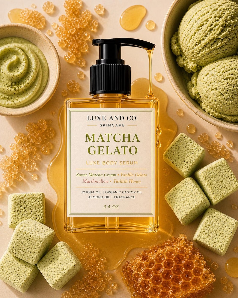 Pode incluir: Um frasco quadrado transparente de s&eacute;rum corporal Luxe and Co. Matcha Gelato com dispensador de bomba preto, contendo 100 ml de l&iacute;quido dourado, rotulado com ingredientes como &oacute;leo de jojoba, r&iacute;cino e am&ecirc;ndoas, rodeado por cubos cor de matcha.