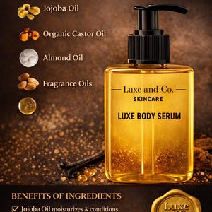 May include: A clear square bottle of Luxe and Co. Luxe Body Serum with a black pump dispenser. The label lists ingredients including Jojoba Oil, Organic Castor Oil, Almond Oil, and Fragrance Oils, with text detailing benefits and a gold wax seal logo.