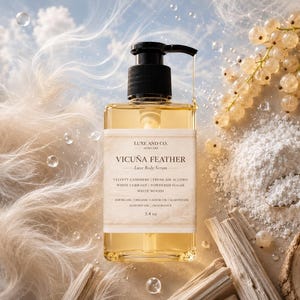 May include: A clear rectangular bottle of Luxe and Co. Vicu&ntilde;a Feather Luxe Body Serum with a black pump dispenser. The label lists ingredients including jojoba oil, organic castor oil, almond oil, and fragrance, with a volume of 3.4 oz.