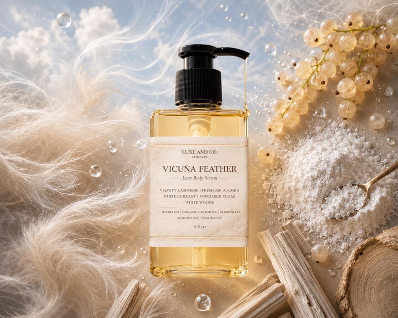May include: A clear rectangular bottle of Luxe and Co. Vicu&ntilde;a Feather Luxe Body Serum with a black pump dispenser. The label lists ingredients including jojoba oil, organic castor oil, almond oil, and fragrance, with a volume of 3.4 oz.