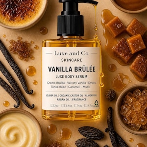 May include: A bottle of Luxe and Co. Vanilla Br&ucirc;l&eacute;e Luxe Body Serum with a black pump dispenser. The label lists ingredients and sizes. Vanilla beans, caramel, and other ingredients surround the bottle. The image is a top-down view.