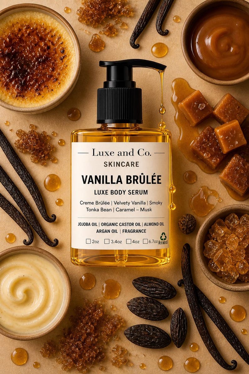 May include: A bottle of Luxe and Co. Vanilla Br&ucirc;l&eacute;e Luxe Body Serum with a black pump dispenser. The label lists ingredients and sizes. Vanilla beans, caramel, and other ingredients surround the bottle. The image is a top-down view.