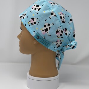 Happy Cows on Light Blue Surgical Scrub Hat with Ties and Elastic Surgical Scrub Cap By BBHANDMADEBOUTIQUE