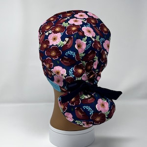 Cute Women’s Ponytail Scrub Cap with Ribbon Ties Flowers and Bee’s on Navy Surgical Scrub Hat, Surgical Scrub Cap by Bbhandmadeboutique