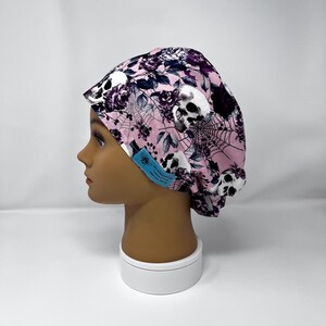 Cute Women&#39;s Scrub Cap Skulls on Pink with Flowers Pixie Scrub Hat w/Toggle Euro Pixie Greys Anatomy Inspired By BBHANDMADEBOUTIQUE