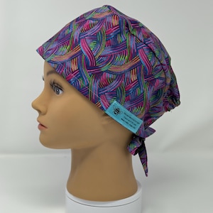 Purple Swirl Ribbons Surgical Tie back Scrub Hat with Elastic, Surgical Scrub Cap By BBHANDMADEBOUTIQUE