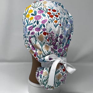 Cute Women’s Ponytail Scrub Cap with Ribbon Ties Painted Flowers Scrub Hat Surgical Scrub Hat, Surgical Scrub Cap by Bbhandmadeboutique