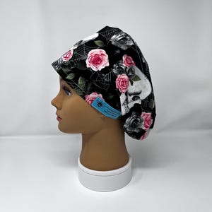 Cute Women&#39;s Scrub Cap Skulls with Pink Roses Pixie Scrub Hat w/Toggle Euro Pixie Greys Anatomy Inspired By BBHANDMADEBOUTIQUE