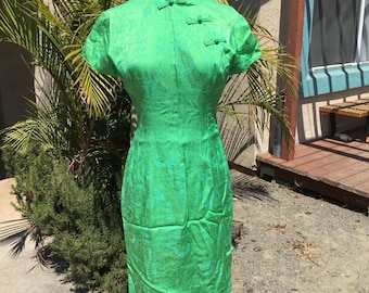 Vintage Alfred Shaheen Honolulu Green Cheongsam Wiggle Dress Lime Green Small to Medium Tiki Hawaiian  VLV