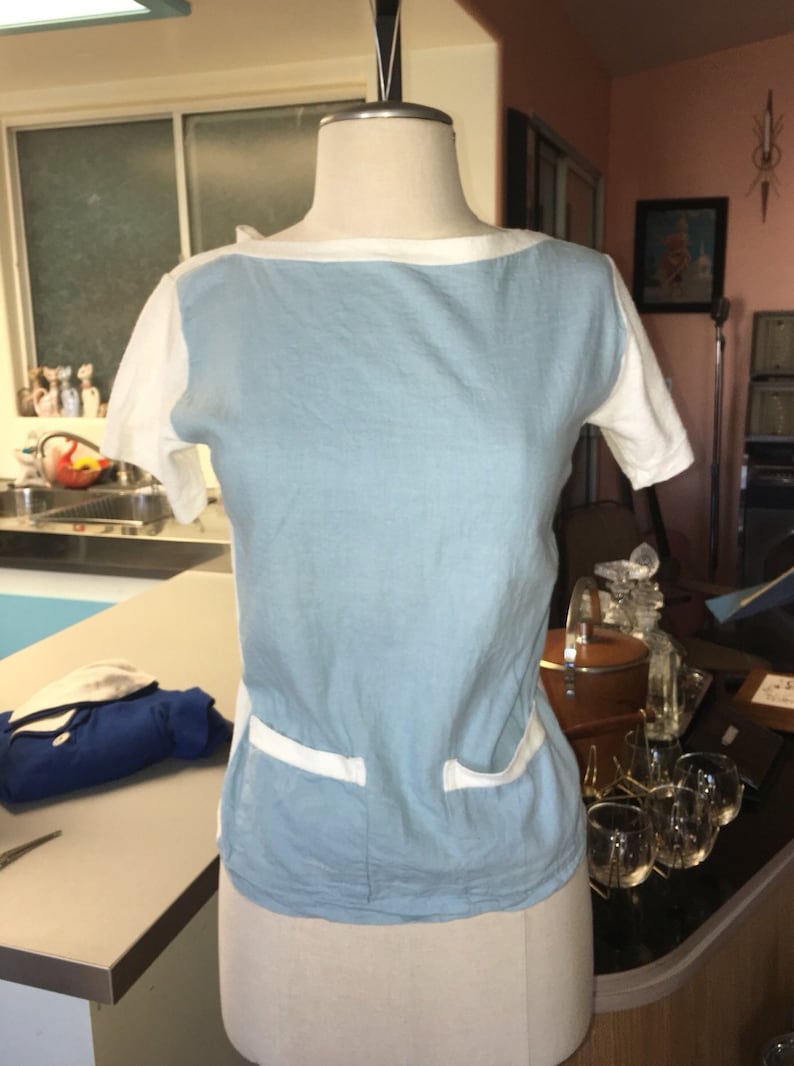 1950/'s Vintage Kaynee Regatta Cotton Yarn Top Blouse Blue White Terry Cloth