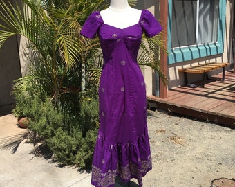 REDUCED! Vintage Hawaiian Togs Purple Handpainted Sweetheart Mermaid Gown Small Tiki VLV