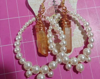 Earrings Rose Gold Pearl Vintage Hoop hand wrapped raw stone champagne 3.5" long