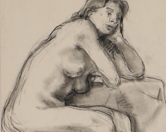 Edgar Yaeger Figural Nude Seated Woman Female Charcoal Drawing, 1972