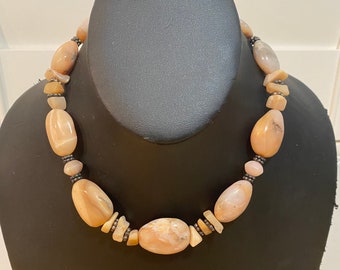 Chunky Natural Pink Rose Quartz Stone Beaded Necklace Sterling Silver 16"