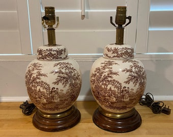 Set of English Mason's Hand-Painted Porcelain Brown Transferware Ginger Jar Table Lamps