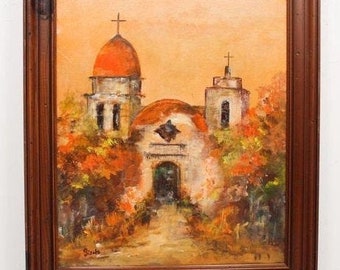 Original Oil Painting of Impressionist Church Mission Signed by Artist Sisela 25x29