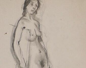Edgar Yaeger Figural Nude Woman Female Charcoal Drawing, 1965