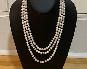 Vintage Infinity 7mm White Cultured Freshwater Round Pearl Beaded Necklace Hand Knotted 65"