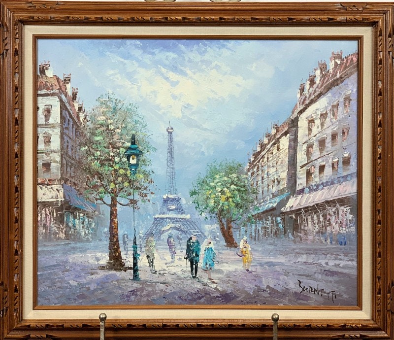 Original Oil Painting Paris Eiffel Tower Scene Artist Signed Burnett 20x24