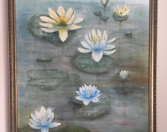 Impressionist Oil Painting Lily Pond Lilies Lotus Flowers Signed Harriet Reagan