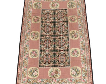 Vintage French Aubusson Wool Hand Woven Oriental Needlepoint Floral Wool Area Rug 5′ × 8′