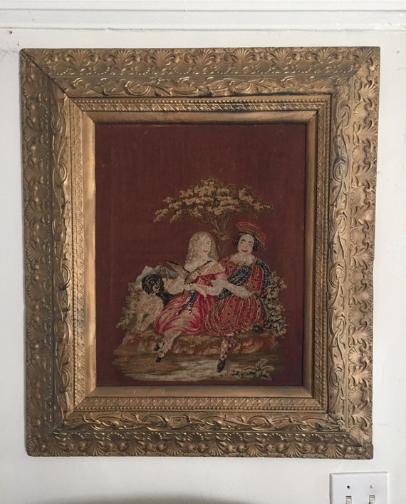 Antique French English Gold Gilded Carved Wood Frame Fireplace - Antique Embroidered Fireplace Screens Antique French English Gold Gilded Carved Wood Frame Fireplace - Antique Embroidered Fireplace Screens