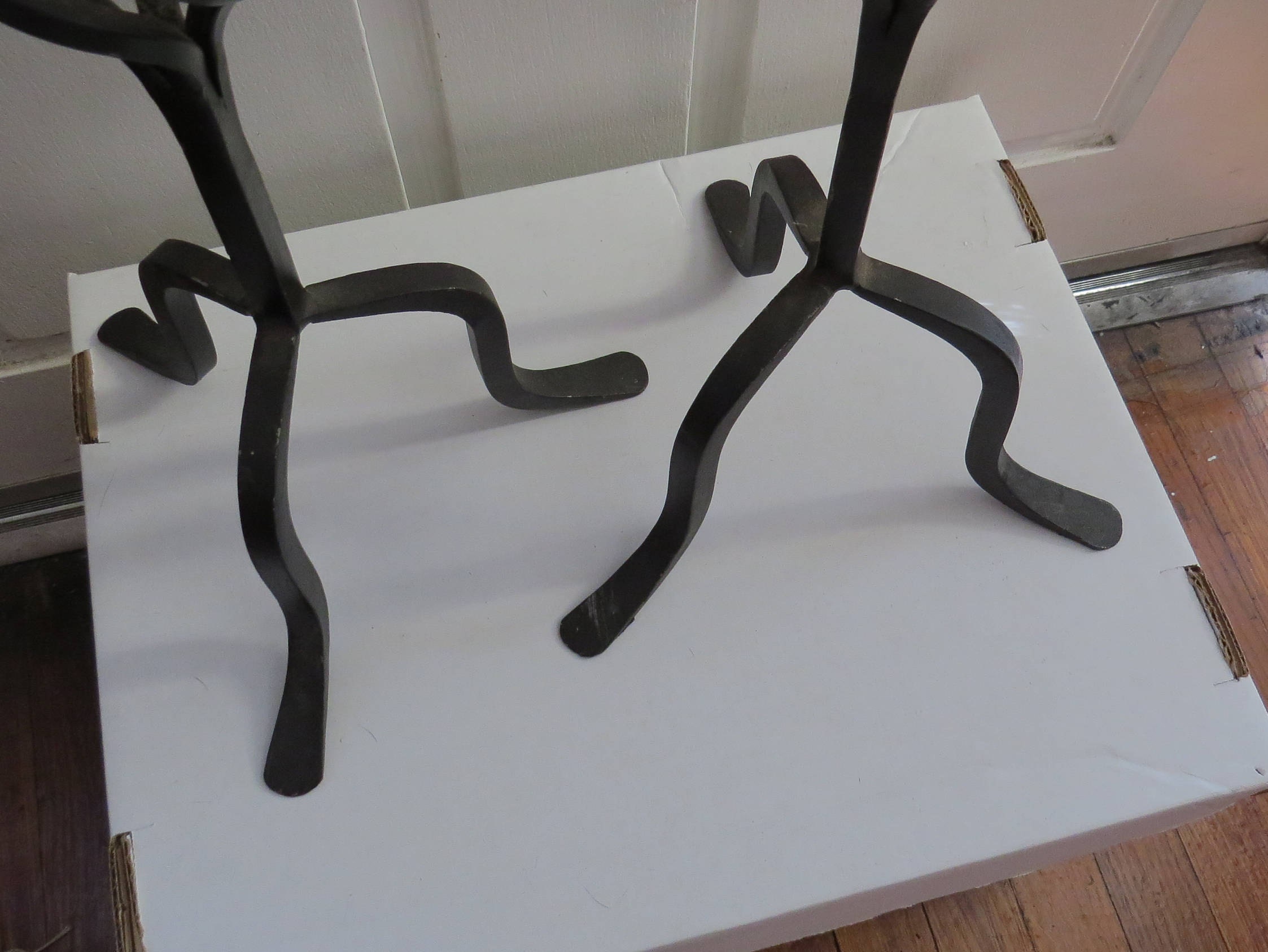 Rustic Pair of Black Wrought Cast Iron Metal Pillar Candle Holder Stand