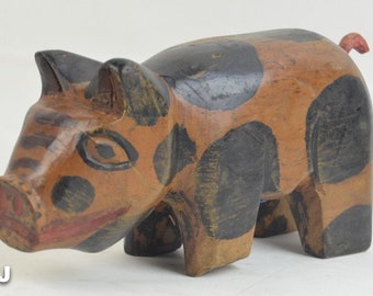 Vintage Hand Carved Wood Pig Painted Spotted Animal Figure Sculpture Statue Folk Art